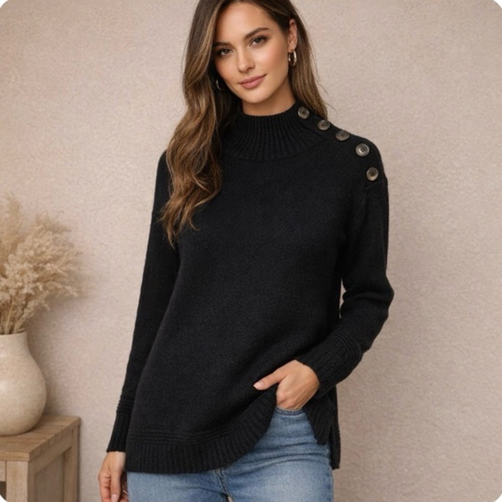 Anthropologie Margarita Mock Neck‎ Button Shoulder Tunic Sweater Black Women's L